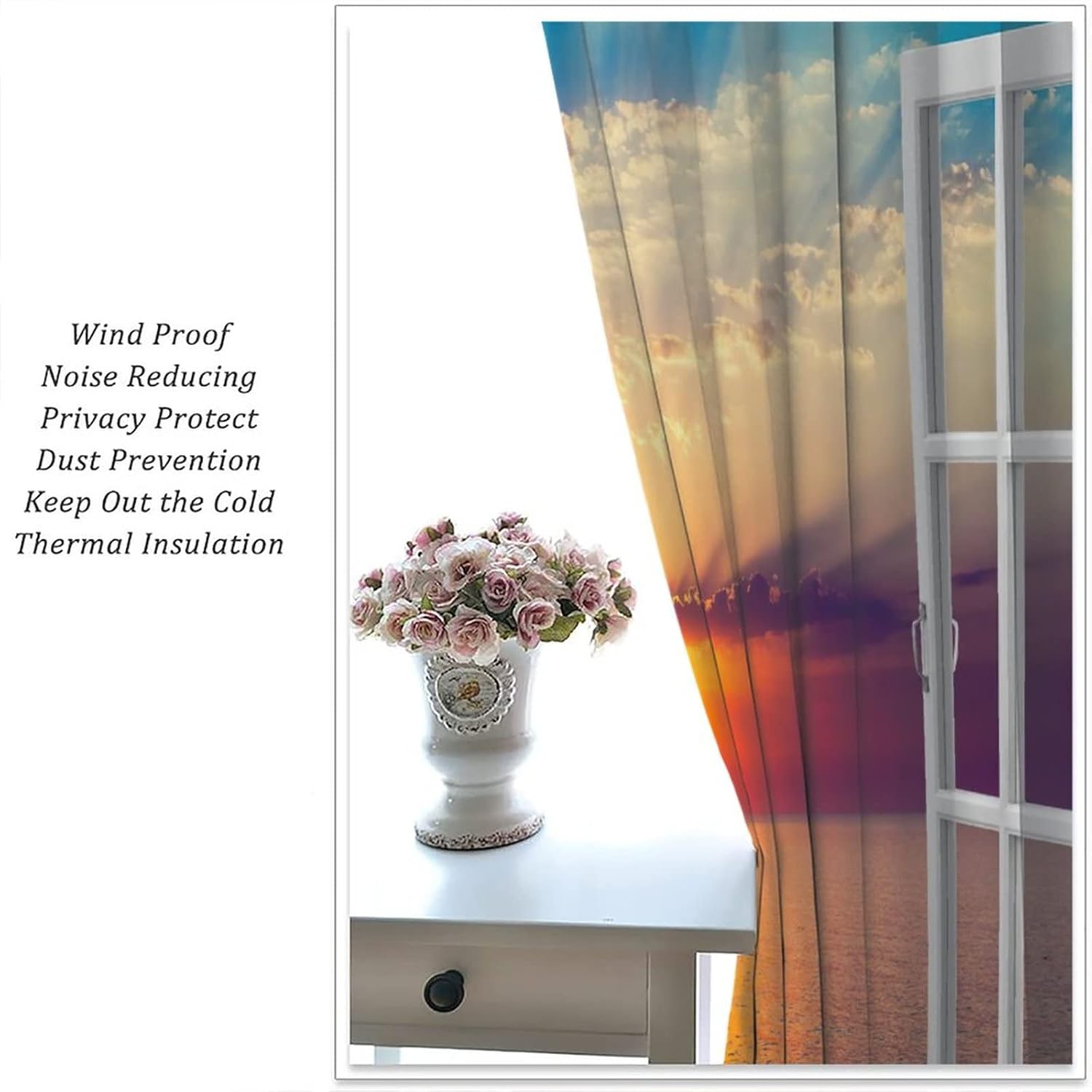 Sea Sunrise Curtains White Wooden Window Scenery Decor Blackout Curtainsfor Home Kitchen Office Coffee Room Curtains Window Curtain 2 Panels 42x45 Inch