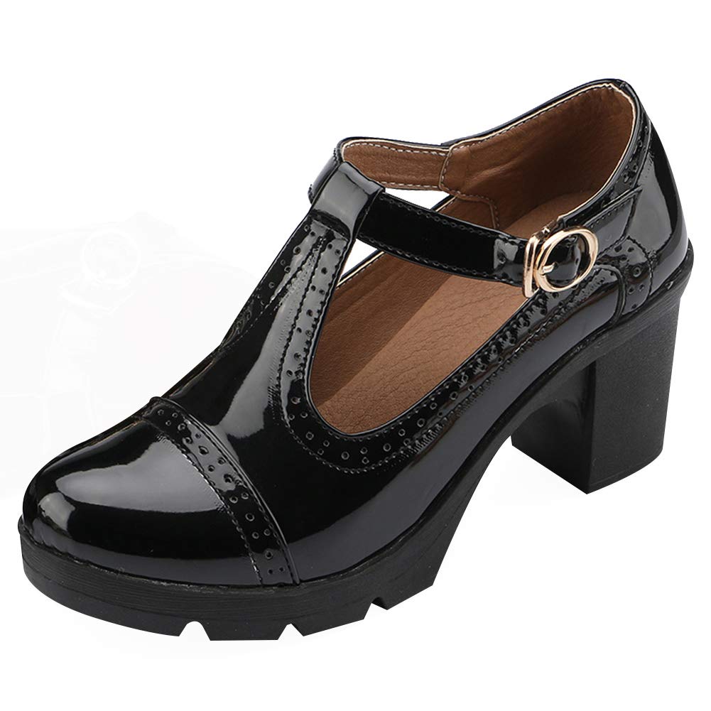 ANUFER Mujer Tacón de Bloque Medio T-Correa Brogues Pumps Mary Janes Uniforme Oficina Zapatos de Vestir