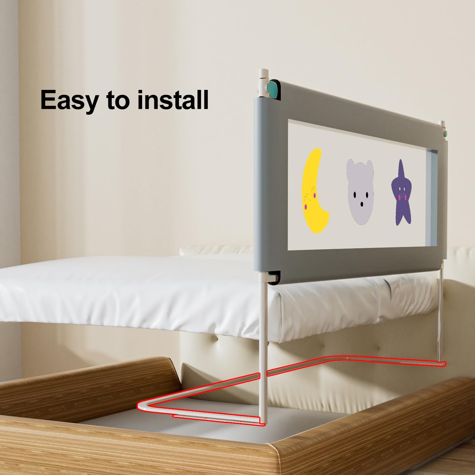 Riel de cama ajustable de 3 piezas para niños pequeños, protector de seguridad para cama de bebé tamaño King, valla resistente y extralarga, diseño de elevación con patrón de dibujos animados