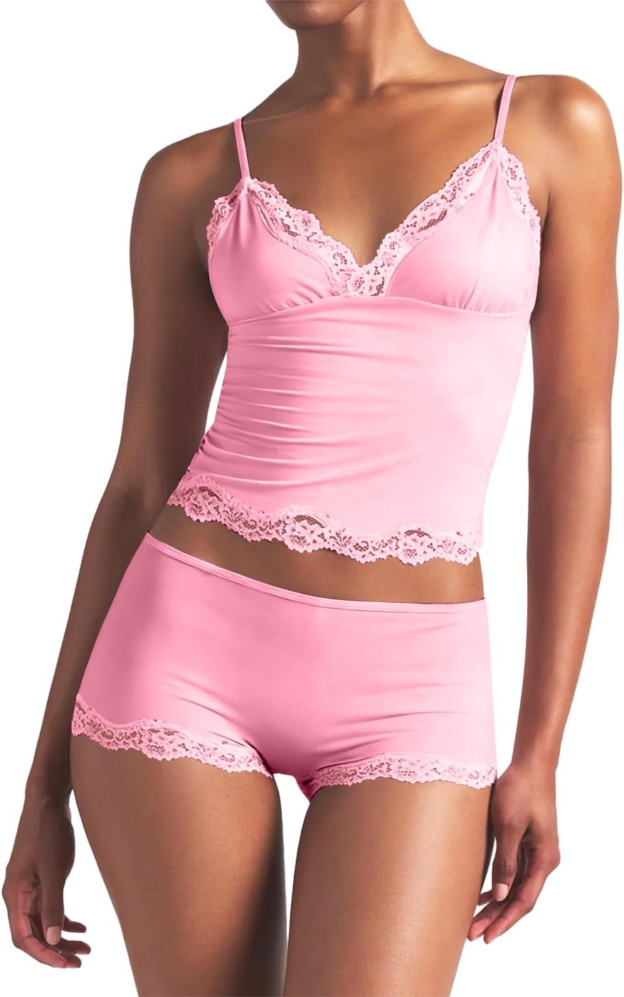 LEEDYA Womens Cami Pajama Set Sexy 2 Piece Sleeveless Pjs Summer V Neck Tank Top Y2K Lace Trim Sleepwear Lounge Set