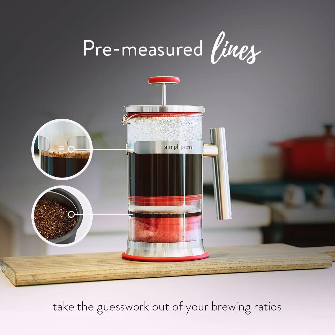 Simpli Press French Press Kaffee- und Teebereiter – einfache Reinigung & körnfreier Kaffee – anpassbarer Kaffee – geschmackvoller, glatter Kaffee – Kunststofffreier Premium-Edelstahl – 964 ml – Rot