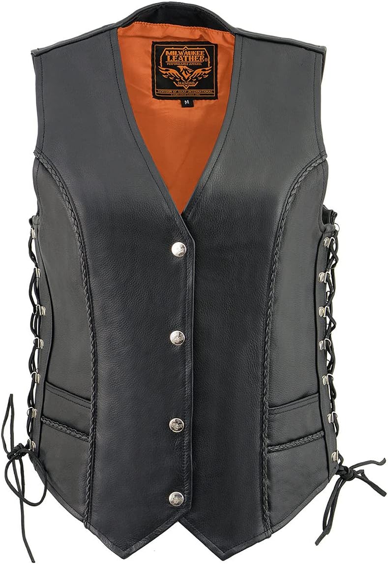 Milwaukee Leather ML2042 Women's Black Braided Premium Leather Motorcycle Rider Vest w/Side Laces