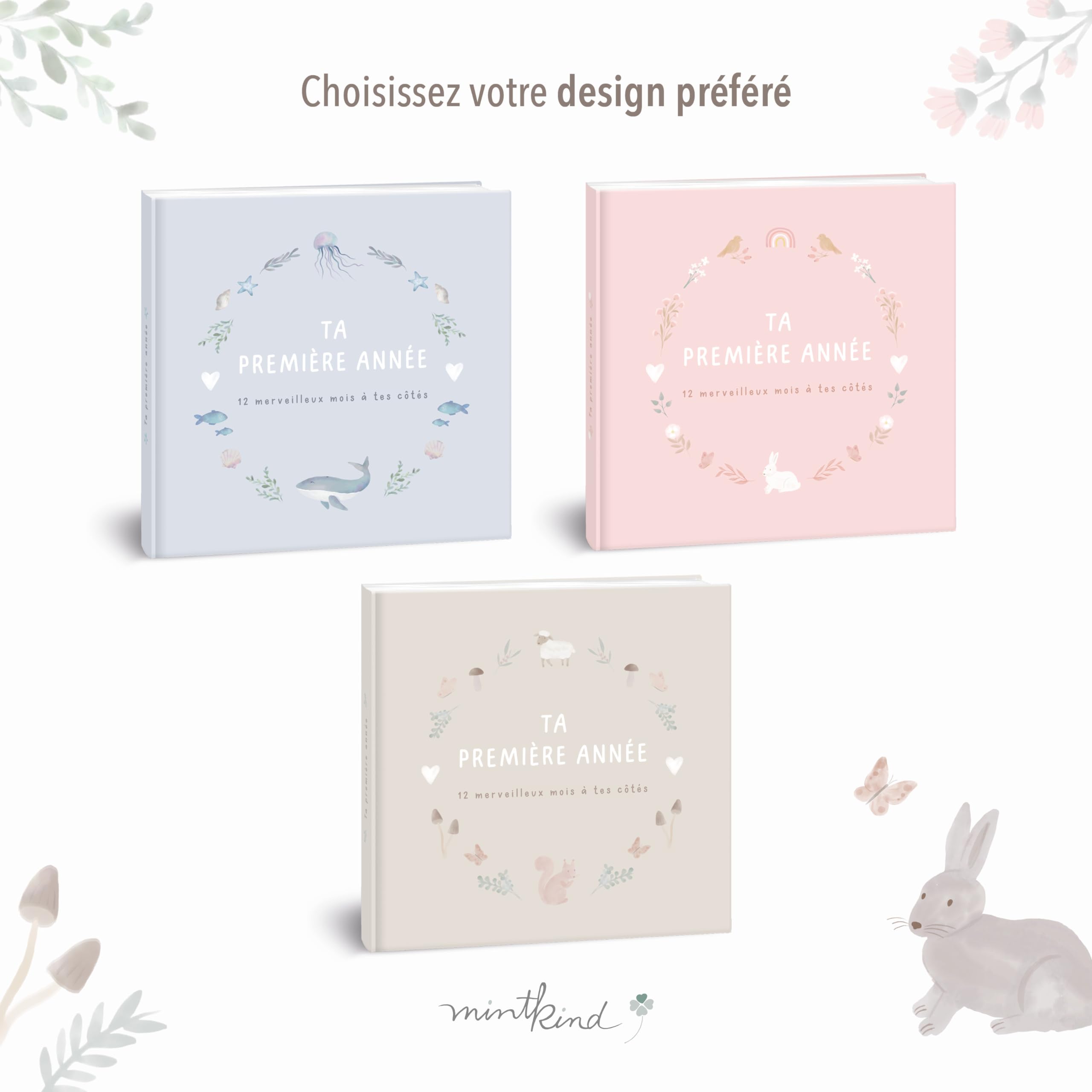 Livre naissance bébé mintkind® "Ma première année" forêt | Livre de naissance personnalisé | Cadeau nouveau-né pour fille et garçon | Journal de naissance à partir de 0 mois | Album de naissance