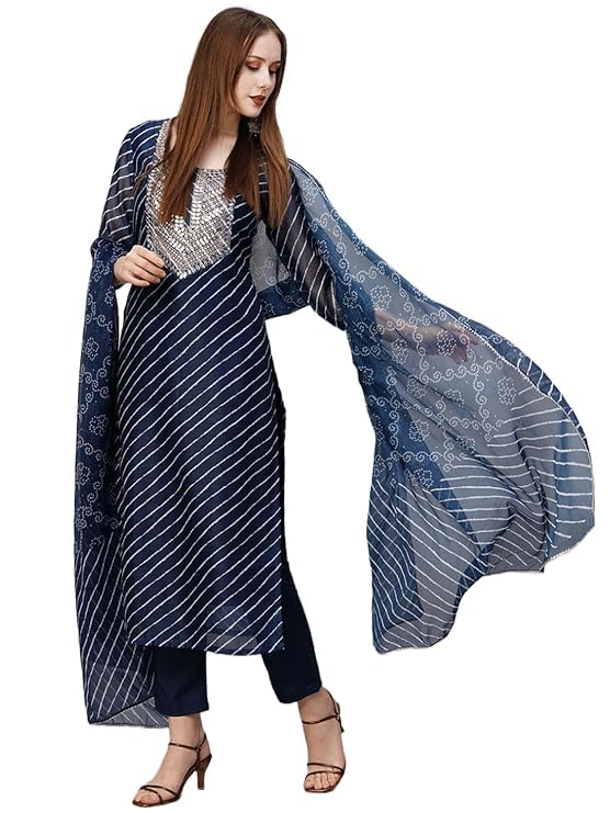 suppar sleave Latest Lehriya Bandhni Printed Viscose Rayon Cotton Embroidery Straight Kurta Set With Pants and Dupatta-picture-20