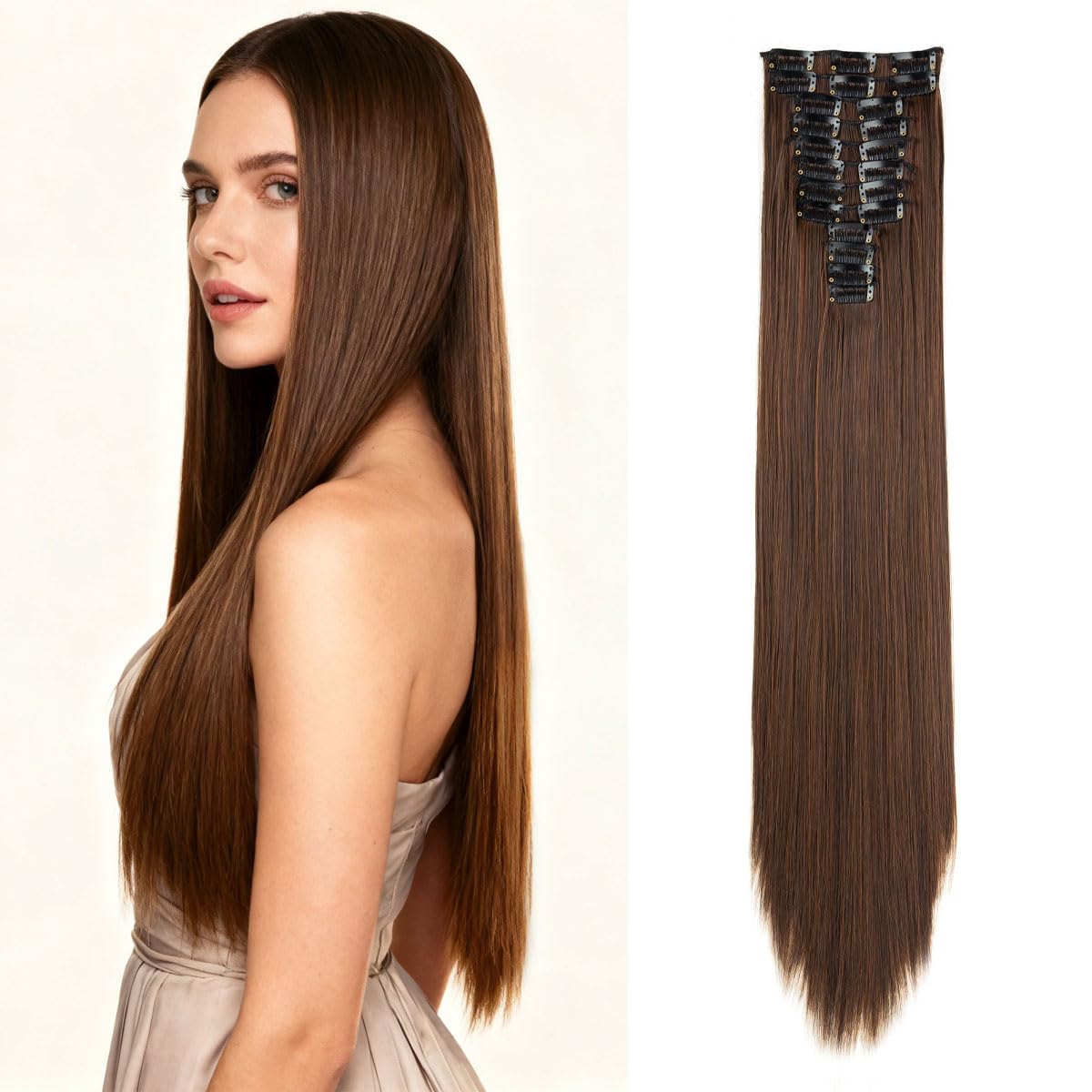 JIAMEISI Hair Extensions Clip in 12pcs 22inch Long Straight Clip in Hair Extension Synthetic Fiber 2/30 Black mixed Medium Brown Full Head Double Weft Hairpieces for Women
