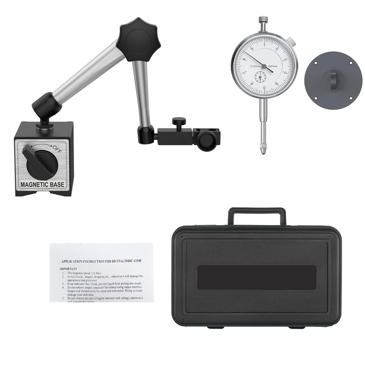 Messuhr mit Zentralklemmung, 0-20mm Messtaster, 0,01 mm Messgenauigkeit, 176lbs/80 kg mit Magnetfuß, für Messuhr mit konventionellem Zifferblatt