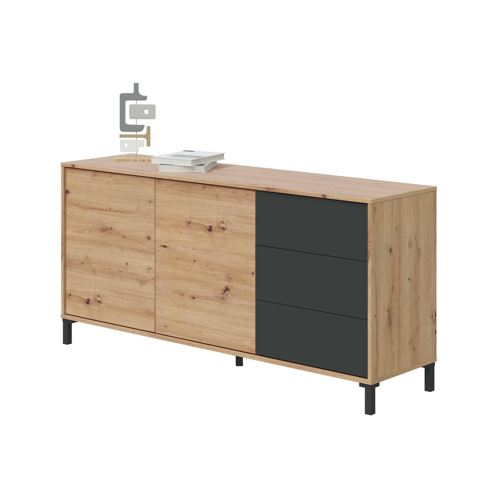 Dmora - Credenza Concord, Buffet da soggiorno, Mobile porta TV, Armadio per salotto, Madia moderna a 2 ante e 3 cassetti, 154x41h74 cm, Rovere nodi e Antracite