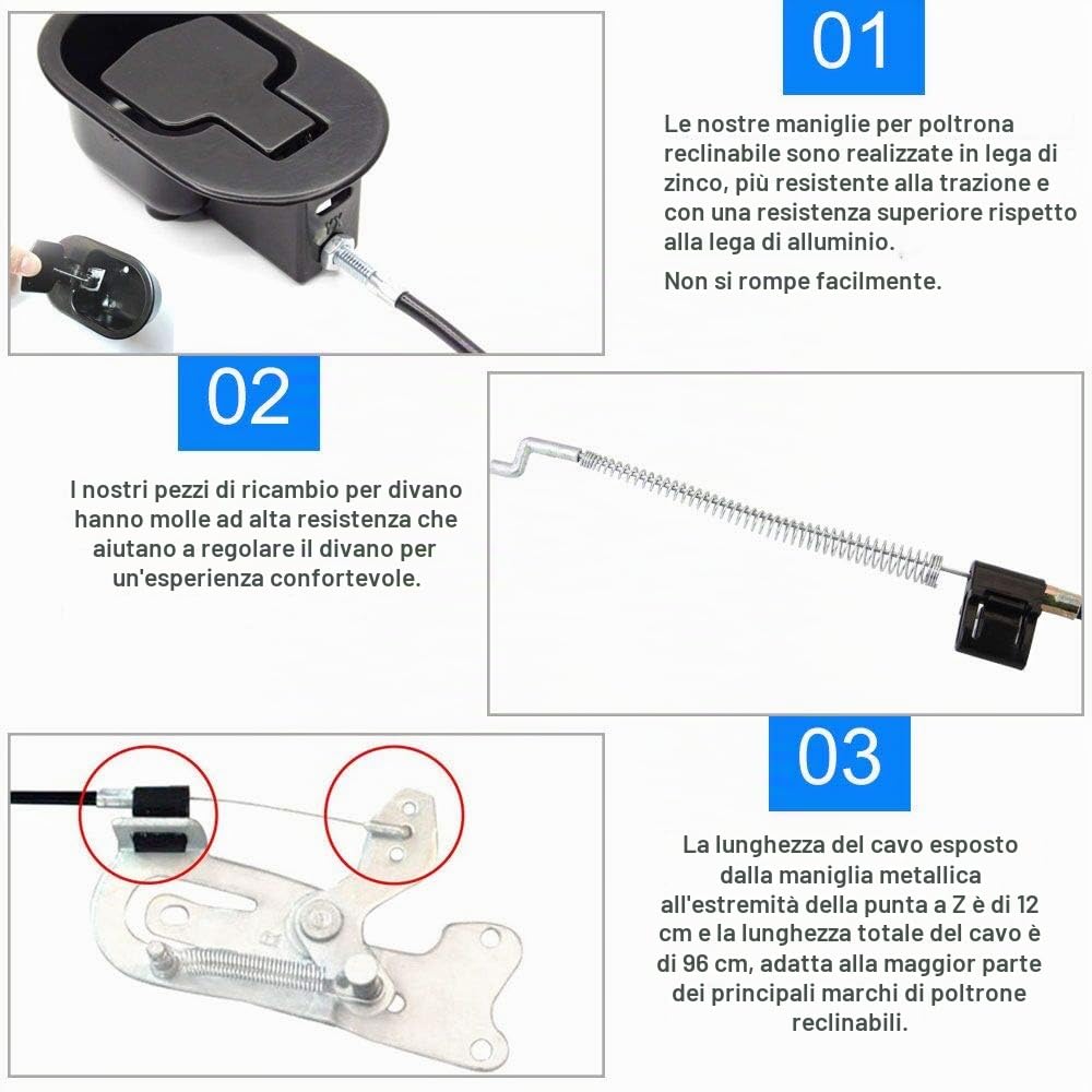 Maniglia per Divano reclinabile, Maniglia di Rilascio a Tirare, Maniglia di Ricambio Universale per Divano Reclinabile con 1 Cavo in Metallo di 97cm, Accessori per la Riparazione di Poltrone