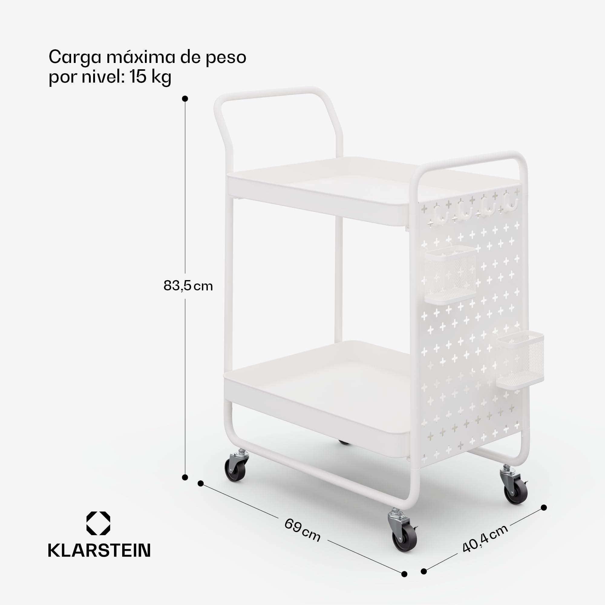 KLARSTEIN Carrito Auxiliar con Ruedas, 2 estantes de Metal, Capacidad 15kg, cestas & Ganchos, Carro Cocina móvil para baño & salón, Carrito Organizador Blanco