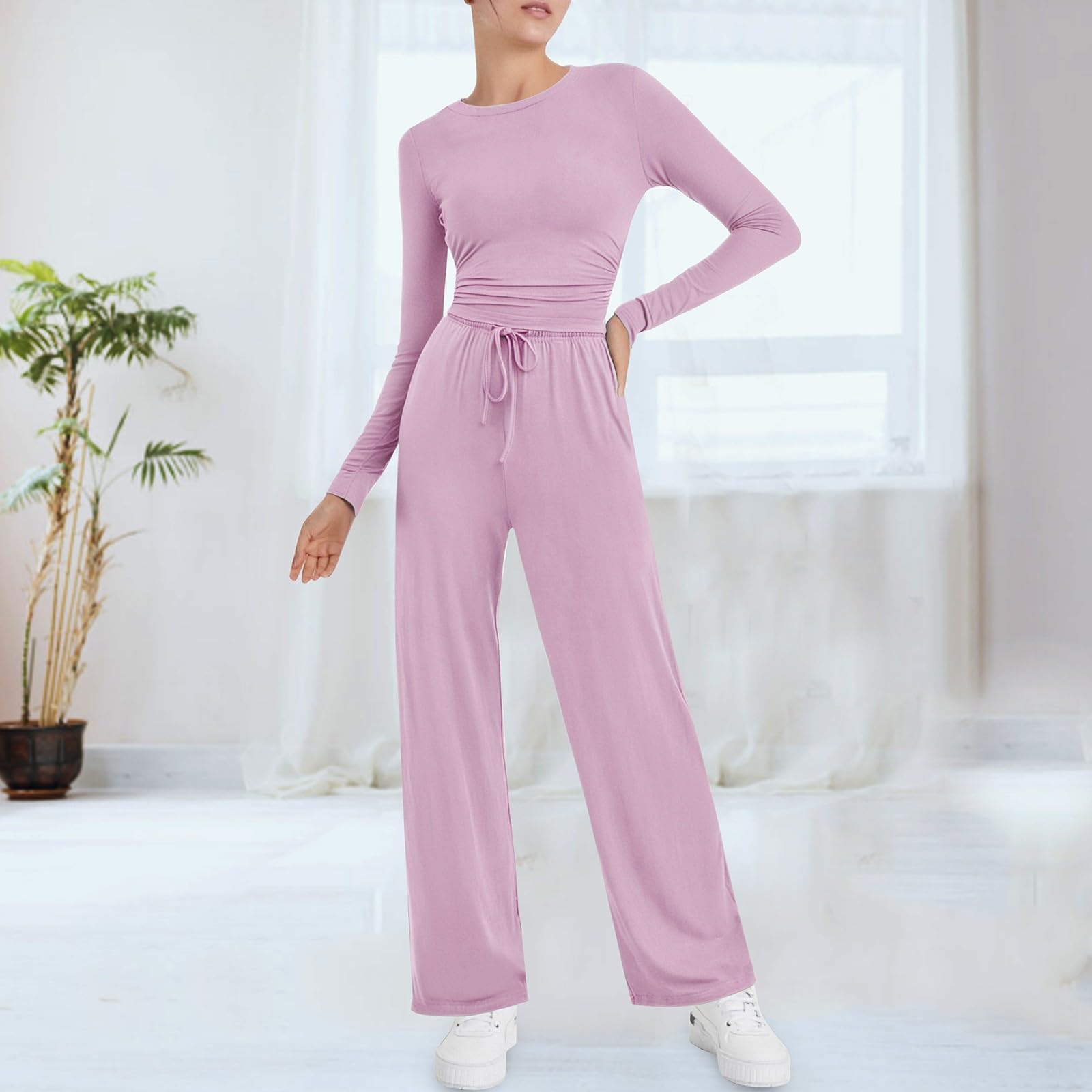 Generisch Pantaloni da donna in due pezzi, a gamba larga, a vita alta, set da donna, a maglia, Y2K, per il tempo libero, 2 pezzi, da jogging, a maniche lunghe, da jogging, da jogging, da allenamento