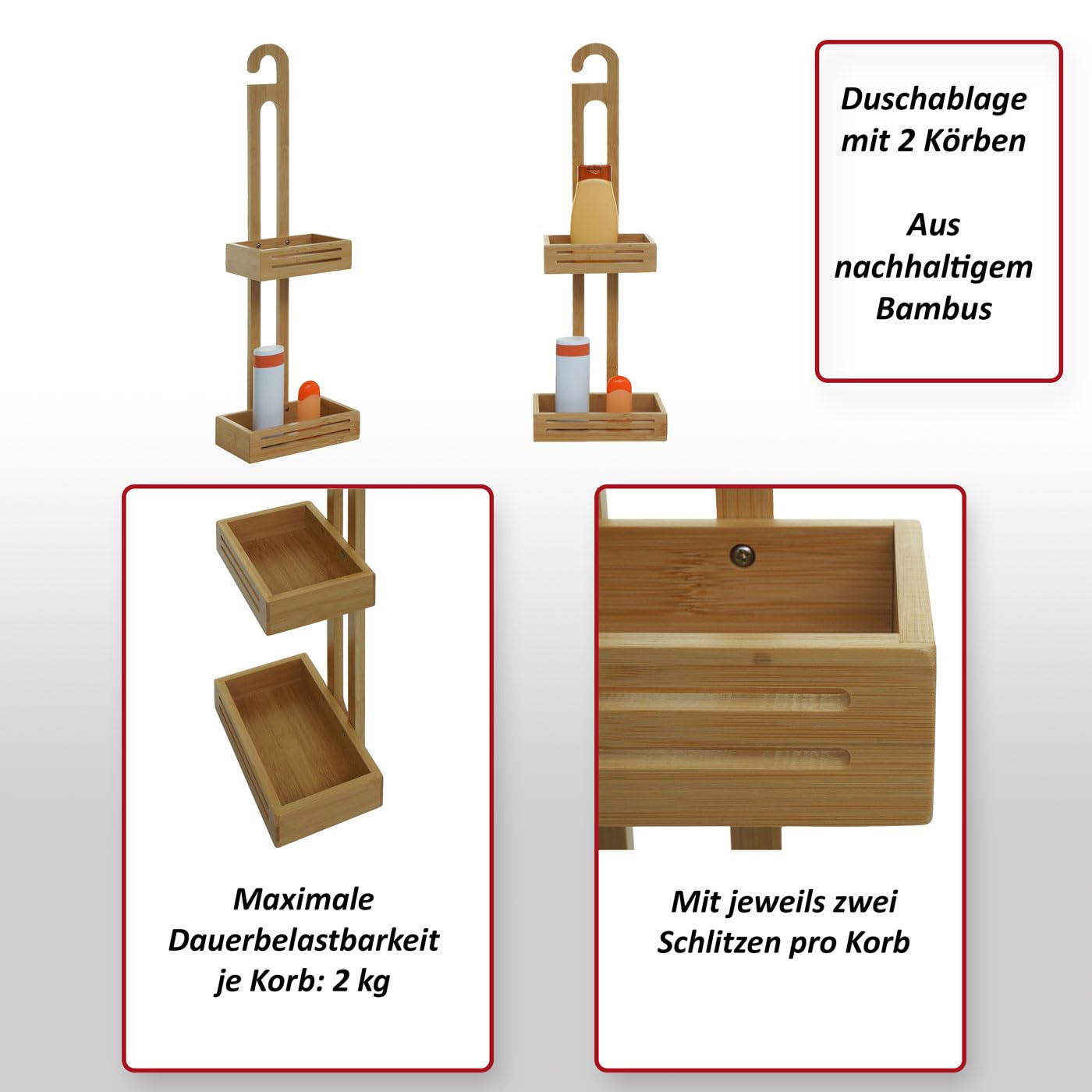 Mensola con 2 cestelli portaoggetti da Appendere Sapone Bagno Doccia HWC-M23 Legno bambù 69x22x13cm