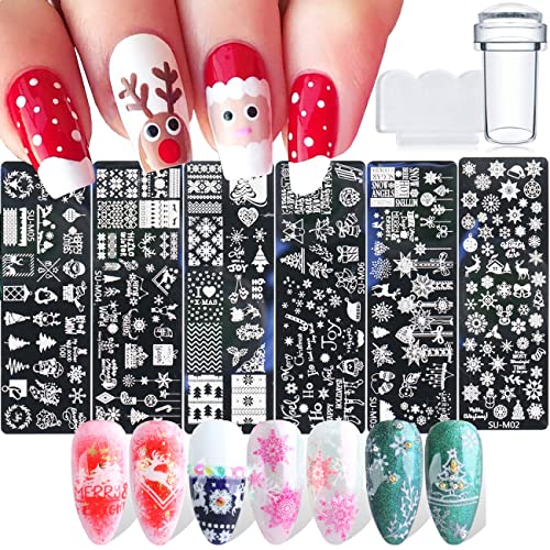 D-M Christmas Nail Stamp Template Kit 8 Pcs with 1 Stamper Scraper Stamping Plates for Art Snowman Snowflake Tree Templates Set Manicure Supplies