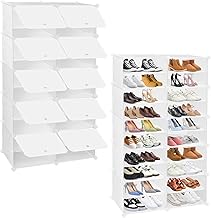 Shoe Storage Cabinet Organiser 2 x 10 Tier Modular Dustproof Plastic Shoe Rack Cabinet, Multifunctional Shoe Cabinet with Doors, Space Saving for Hallway Bedroom Entryway, 83 x 32 x 153 cm, White