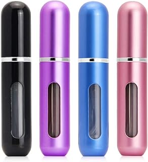 Perfume Bottles (5ml, 4pcs), JTDEAL Travel Refillable Perfume Atomizer Spray Bottle, Fragrance Empty Bottle with Window, Fits in Your Purse, Pocket or Luggage (Metalic - Black, Blue, Purple, Pink)