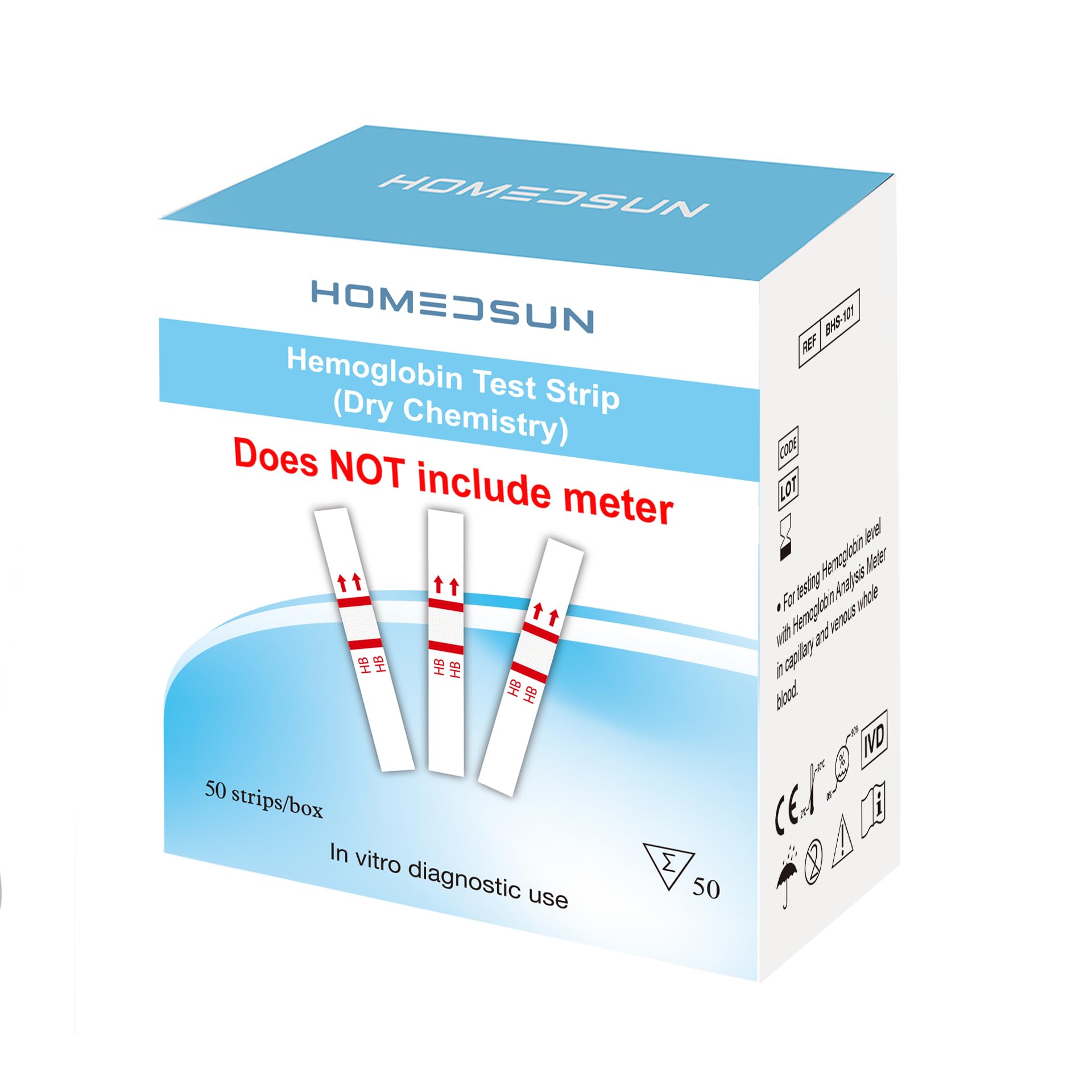 50 Pack Hemoglobin Test Strips with Lancets Droppers Exclusively Compatible with HSBHM-102 Hemoglobin Analysis Meter (Analyzer is Not Included)