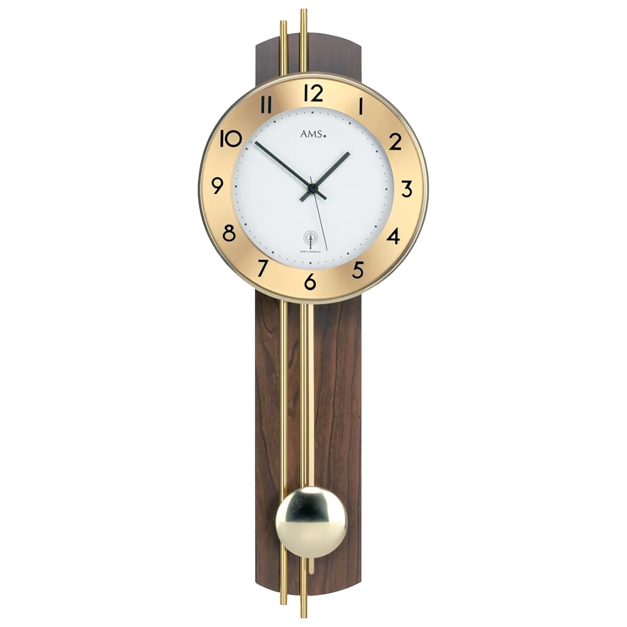 AMS 5266/1 Wanduhr, Klassische Funkpendeluhr in Nussbaum, analog mit arabischen Zahlen, Mineralglas und Messingstäben, batteriebetrieben, hochwertige Wohnzimmeruhr und Bürouhr, Maße: 22 x 62 x 8 cm