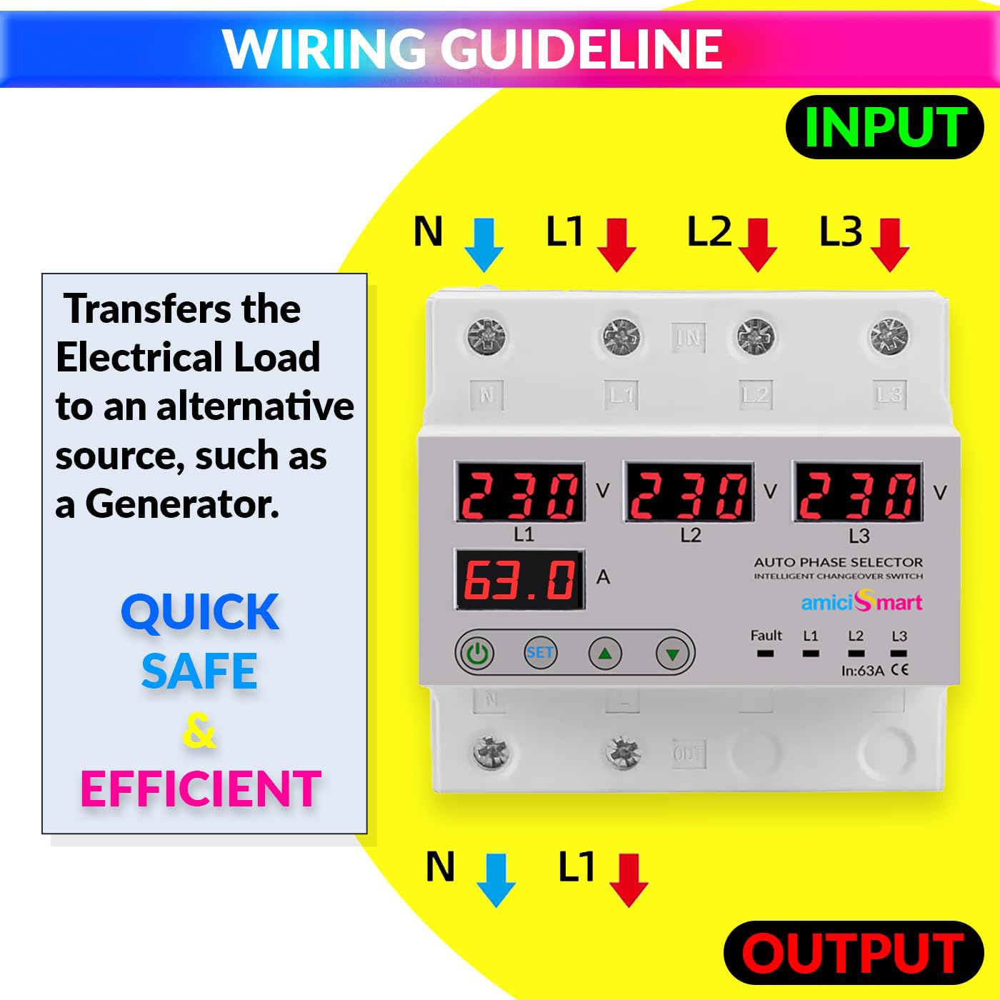 amiciSmart Intelligent 3 Phase to 1 Phase Selector/Changeover Switch, 230VAC Control Transfer Switch, Multicolor - Image 6 thumbnail
