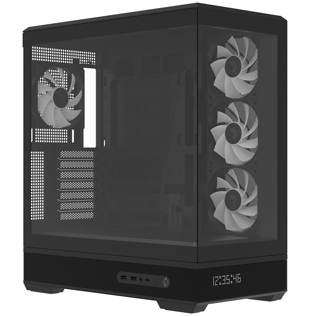 Aerocool P500B Digi schwarzes ATX-Gehäuse, Nahtloser Punkt-Pixel-LED-Bildschirm, 360 mm AIO und Reverse BTF-Motherboard-Unterstützung, verstellbare GPU-Unterstützung, ARGB-PWM-Lüfter x4