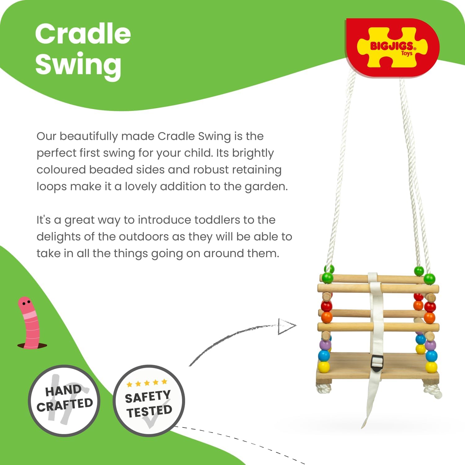 Bigjigs Toys Wooden Cradle Baby Swing | Outdoor Hanging Chair Set with Adjustable Rope | Kids Garden Furniture with Beads for Infant Sensory Play | Rocking Seat for Babies from 18 Months Old
