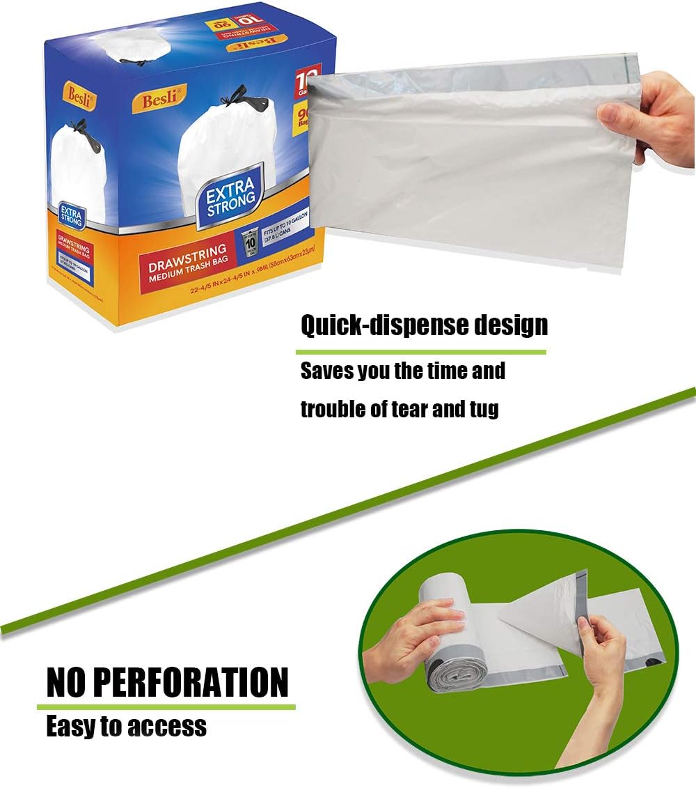 Besli 10 Gallon Drawstring Trash Bag Garbage Bag Trash Can Liner,0.9 Mil,90 Counts