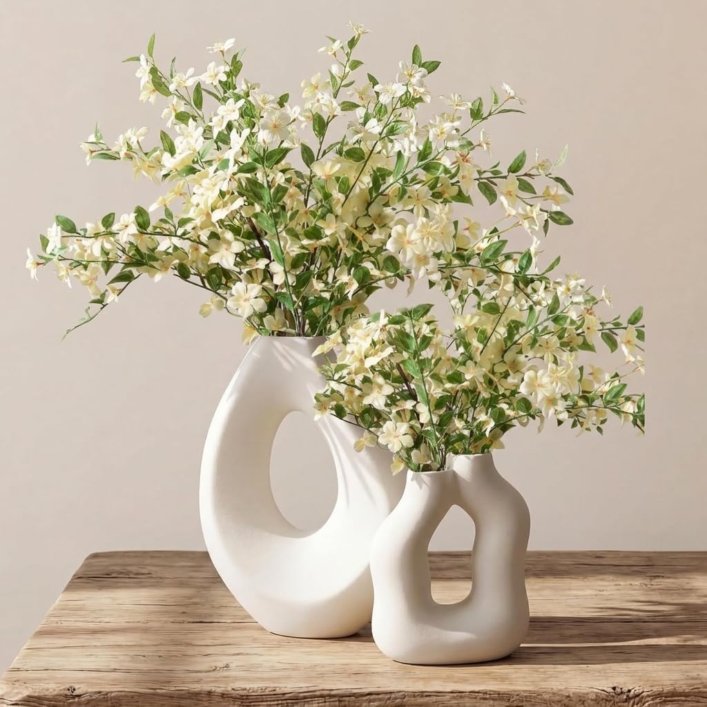 Ceramic Vase Set of 2, Modern Donut Vases for Nordic Minimalist Boho Home Decor, Centerpieces for Dining Tables Living Room Shelf Bookshelf Mantel Entryway Office House