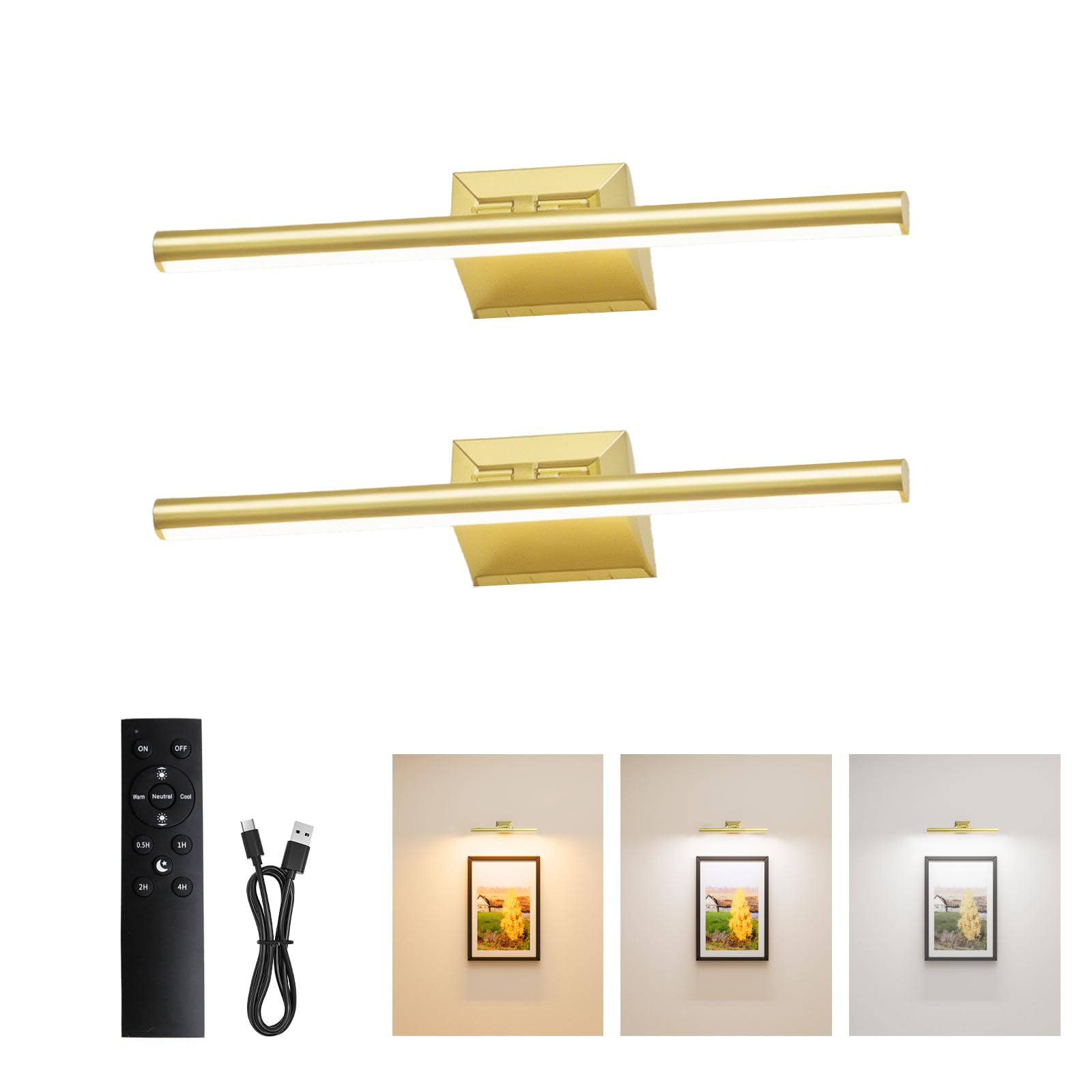 2 luci per immagini senza fili, 23 cm, 5000 mAh, lampada da parete per interni, batteria con telecomando, 3 temperature di colore, 5 intensità di illuminazione, CRI 95+ per dipingere foto