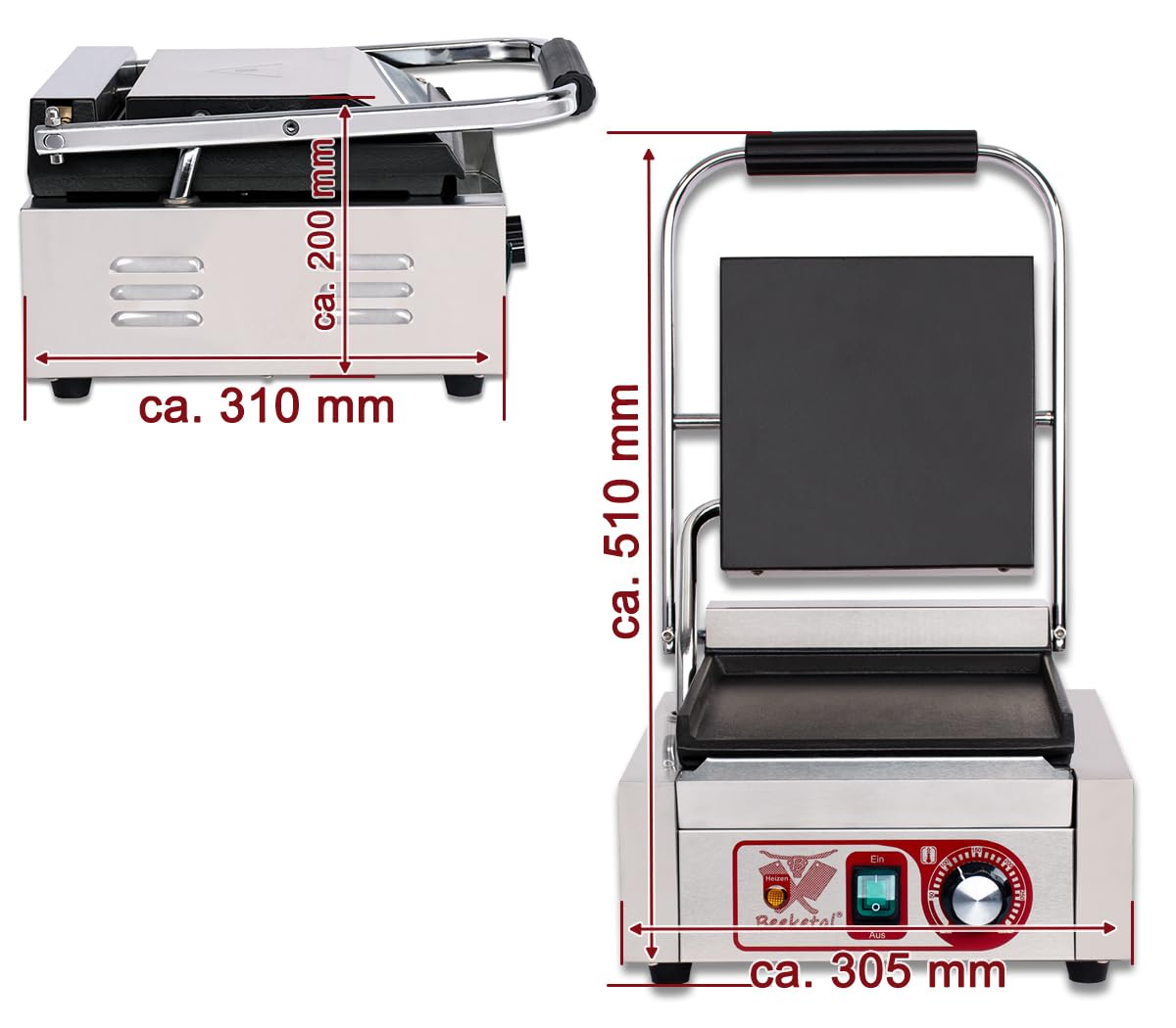 Beeketal Profi Gastro Kontaktgrill BKG1 | 1800 Watt Gusseisen-Grillplatten oben & unten gerillt | Edelstahl Tischgrill 50-300 °C für Gastronomie & Gewerbe