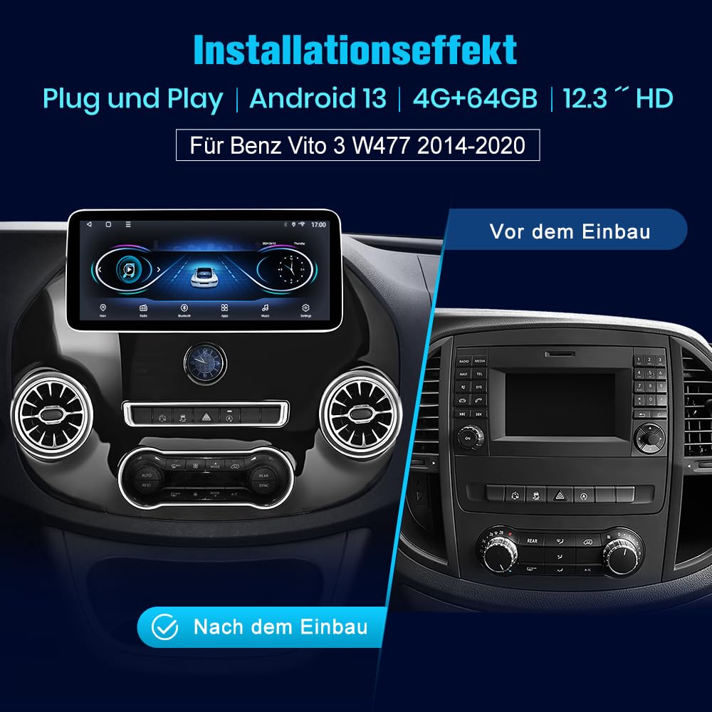 Junsun Android 15 Autoradio für Mercedes Benz Vito 447 2014-2020 4GB+64GB mit 12,3 Zoll Touchscreen unterstützt 4G-SIM-Karte, CarPlay, FM Radio, Bluetooth, WLAN, Navigtion, SWC