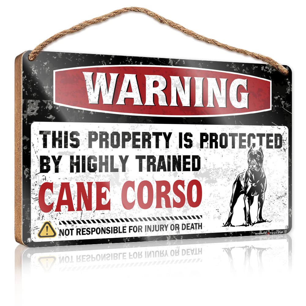 DTHA Funny Bathroom Decor Warning This Property Is Protected By A Highly Trained Cane Corso Wooden Sign Door Hanging Decoration Teen Room Decor(23X35CM)