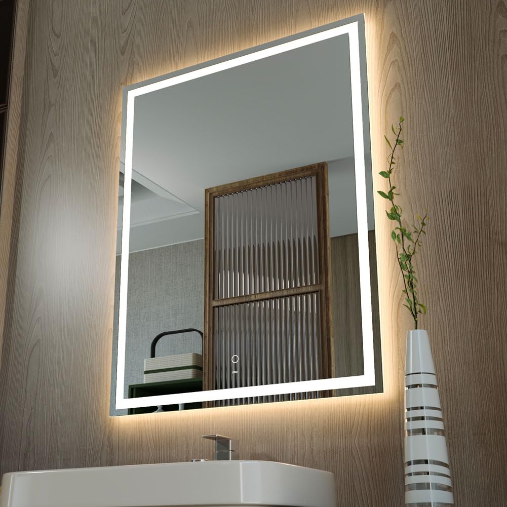 KWW 70 x 90 cm LED Bathroom Mirror, Dimmable Makeup Vanity Mirror IP44 Anti-Fog Horizontal/Vertical Wall Mounted