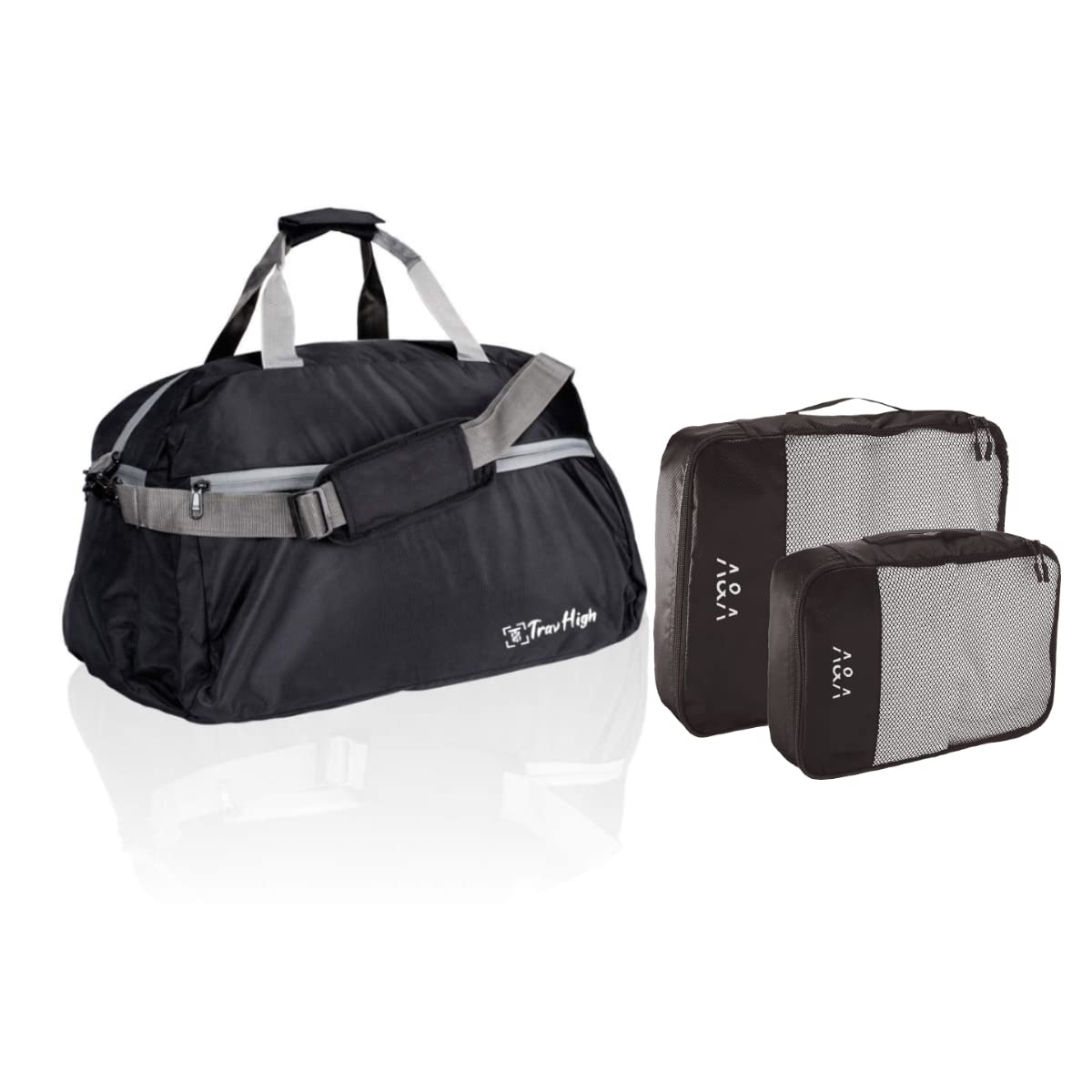 50 Litre Black Polyester Ultra Light Waterproof Travel Duffle Bag with 2 Large Medium Size Packing Cubes Travel Pouch Organizer for Luggage Men and Women Black (1 Bag & 2 Cubes)-image-42