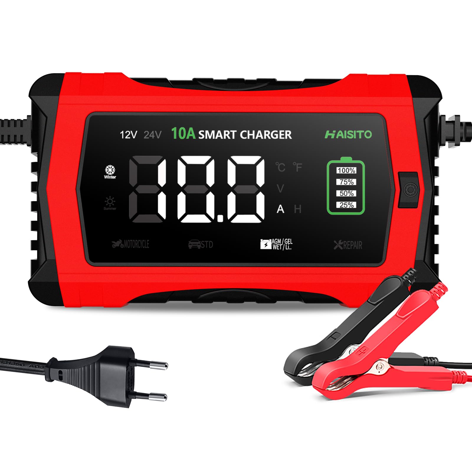 Haisito Caricabatterie per auto, caricabatterie intelligente, 12 V/24 V, LiFePO4, con schermo LCD, compensazione della temperatura per auto (Bordeaux)