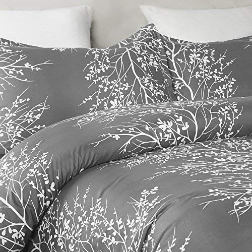 Vaulia Lightweight Microfiber Duvet Cover Set, Grey And White Floral Branches Printed Pattern - Queen Size #TOP2