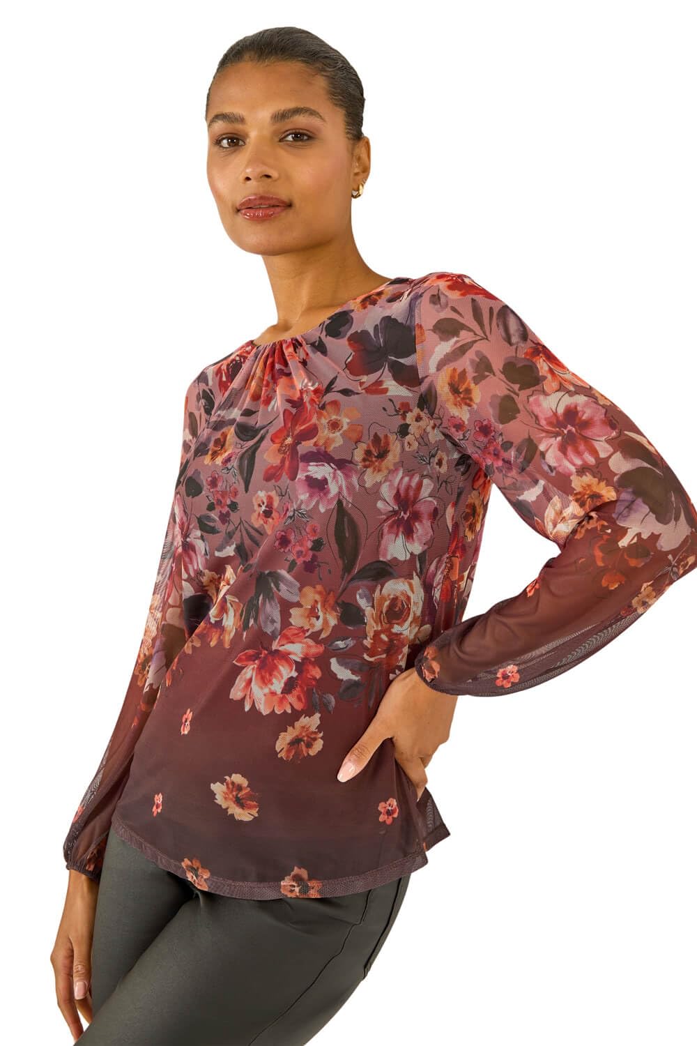 Roman Originals Women's Chocolate Floral Print Mesh Top For Uk - Everyday Autumn Winter Round Neckline Comfy Soft Evening Vacation Work Party Night Out - Size 20