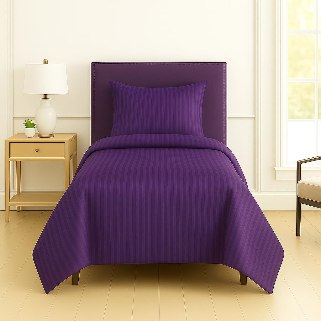 decor2admire 300 thread count premium glace cotton plain stripe single bedsheet with one pillow cover (60" x 90") (purple, pack of 1)