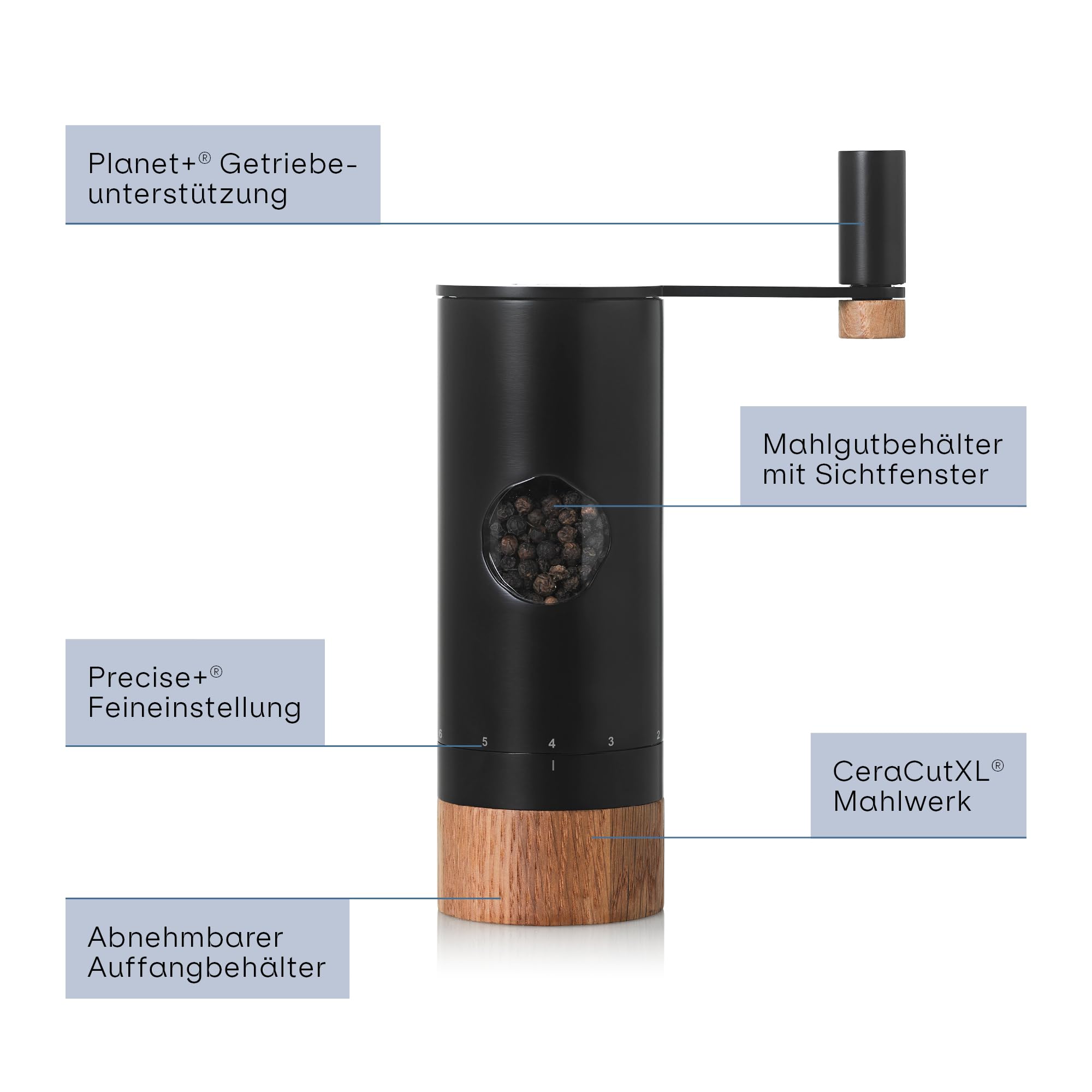 AdHoc PowerMill Pfeffer- oder Salzmühle mit Getriebe, Gewürzmühle Schwarz | XL-CeraCut Keramikmahlwerk, 12 Mahlgrade von fein bis grob, müheloses Mahlen dank Getriebe in Kurbel, Edelstahl & Akazienholz