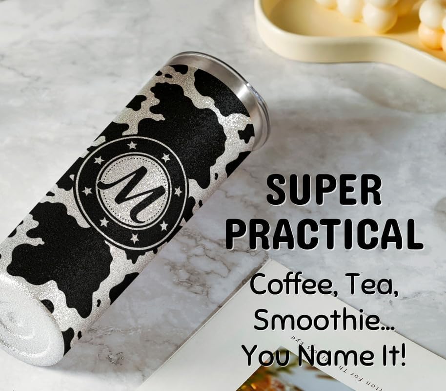 Onebttl Personalized Cow Print Gifts, Cow Gifts for Women on Birthday, Christmas - Cow Print Tumbler, Cup - Glitter Black and White 20 oz Stainless Steel Tumbler with Initial - Letter R