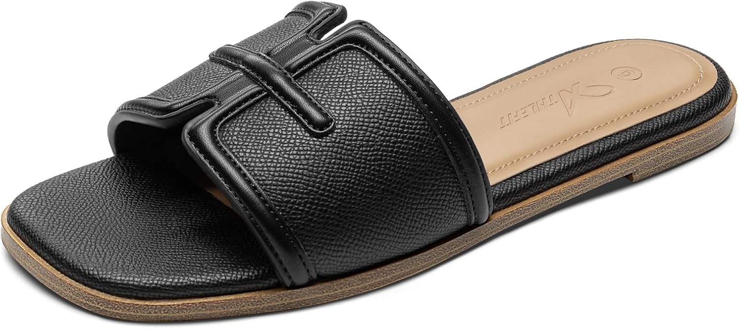 Athlefit Flat Sandals for Women Dressy Summer Square Open Toe Comfortable Slip On Beach Slide Sandals
