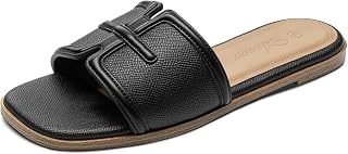 Athlefit Flat Sandals Women Summer Beach Slide Sandals Fashion Dressy | Raffia/PU/Faux Suede, TPR Outsole, Square Open Toe, Slip On, Cushioned Comfort, Casual Outings, Vacations, for Women Summer