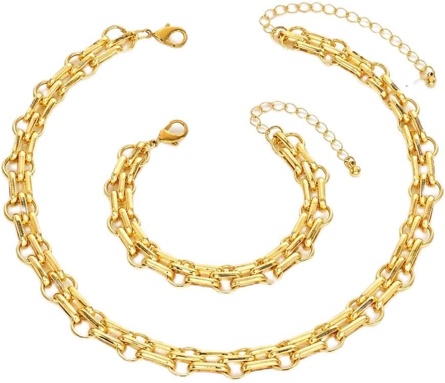Gold Chunky Chain Necklace Bracelet Set for Women, Thick Link Chain Jewelry Set, Layered Statement Necklace, Adjustable Bracelet, Trendy Minimalist Fashion Accessories Gift