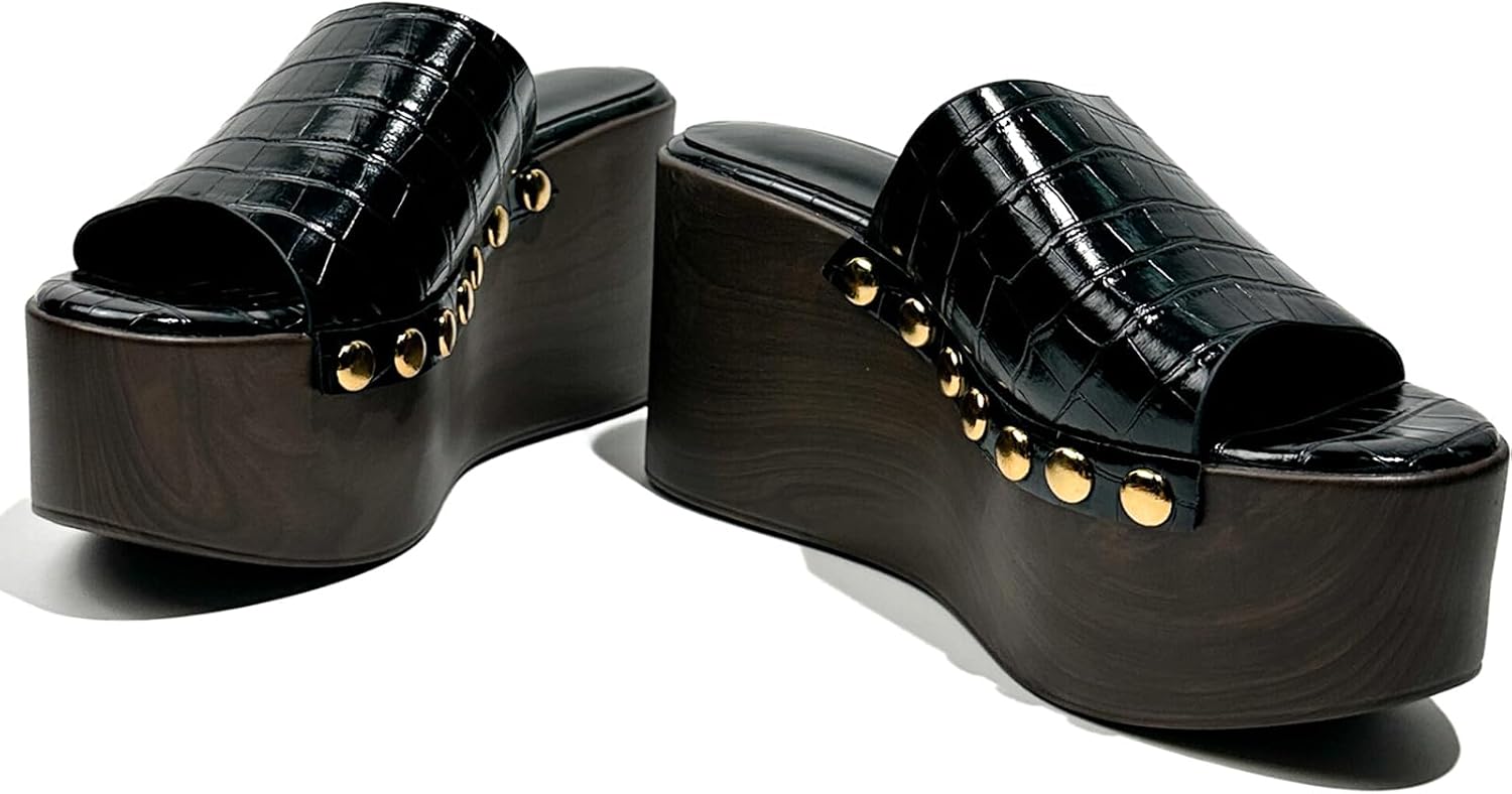 Womens Platform Retro Wedge Sandals Fashion Peep Round Toe Studded Glossy Crocodile Pattern Cork Thick Sole Comfortable Non-Slip Slip-On Platform Sandals