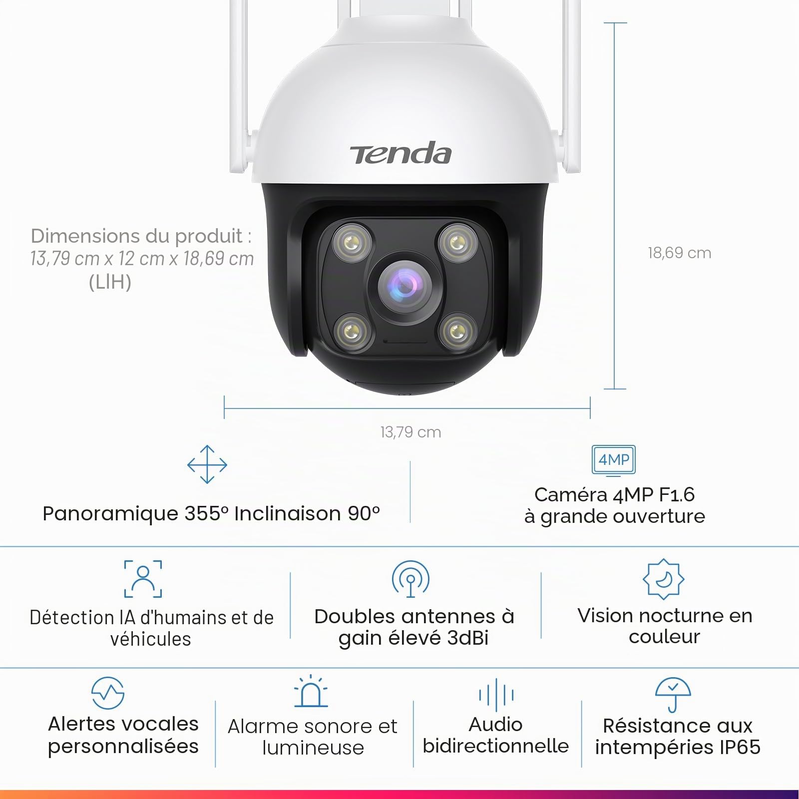Tenda 2.5k Camera Surveillance WiFi Extérieure, Caméra IP 360° sans Fil Étanche, Vision Nocturne en Couleur, Audio Bidirectionnel, Détection de Mouvement et véhicule, Micro Carte SD, Alexa (CH7)