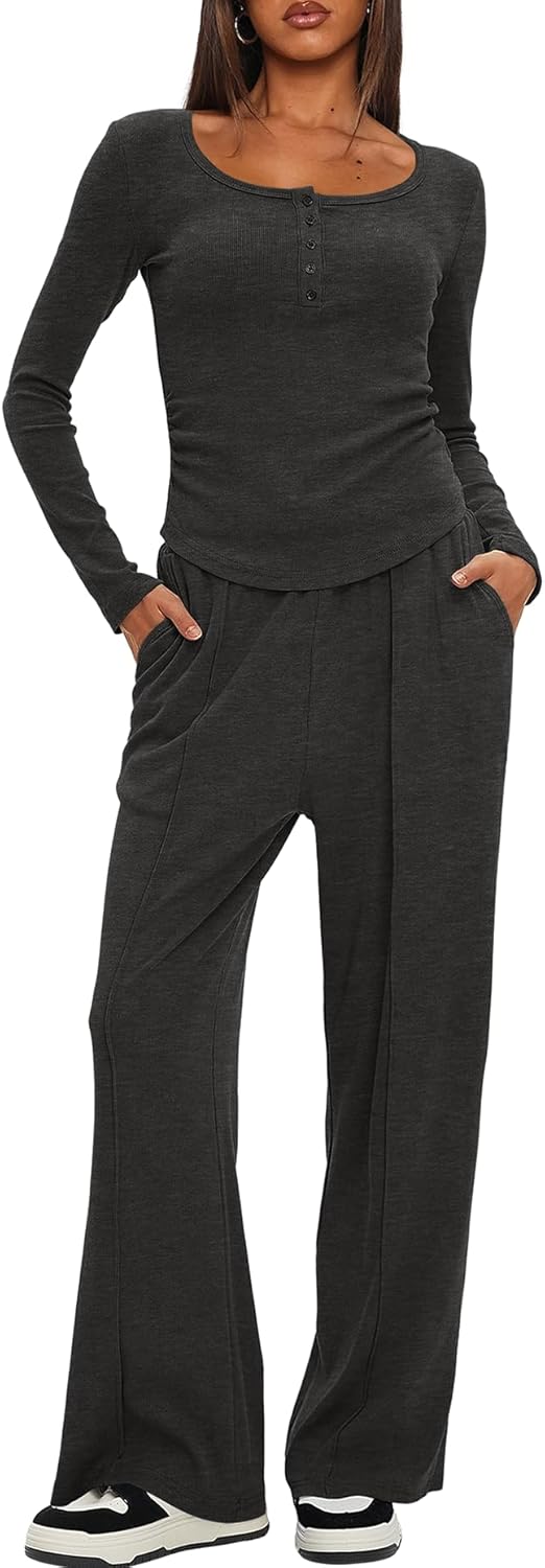 Darong Womens 2 Piece Matching Lounge Sets 2026 Long Sleeve Henley Shirts Wide Leg Pants Airport Travel Outfits - Image 5