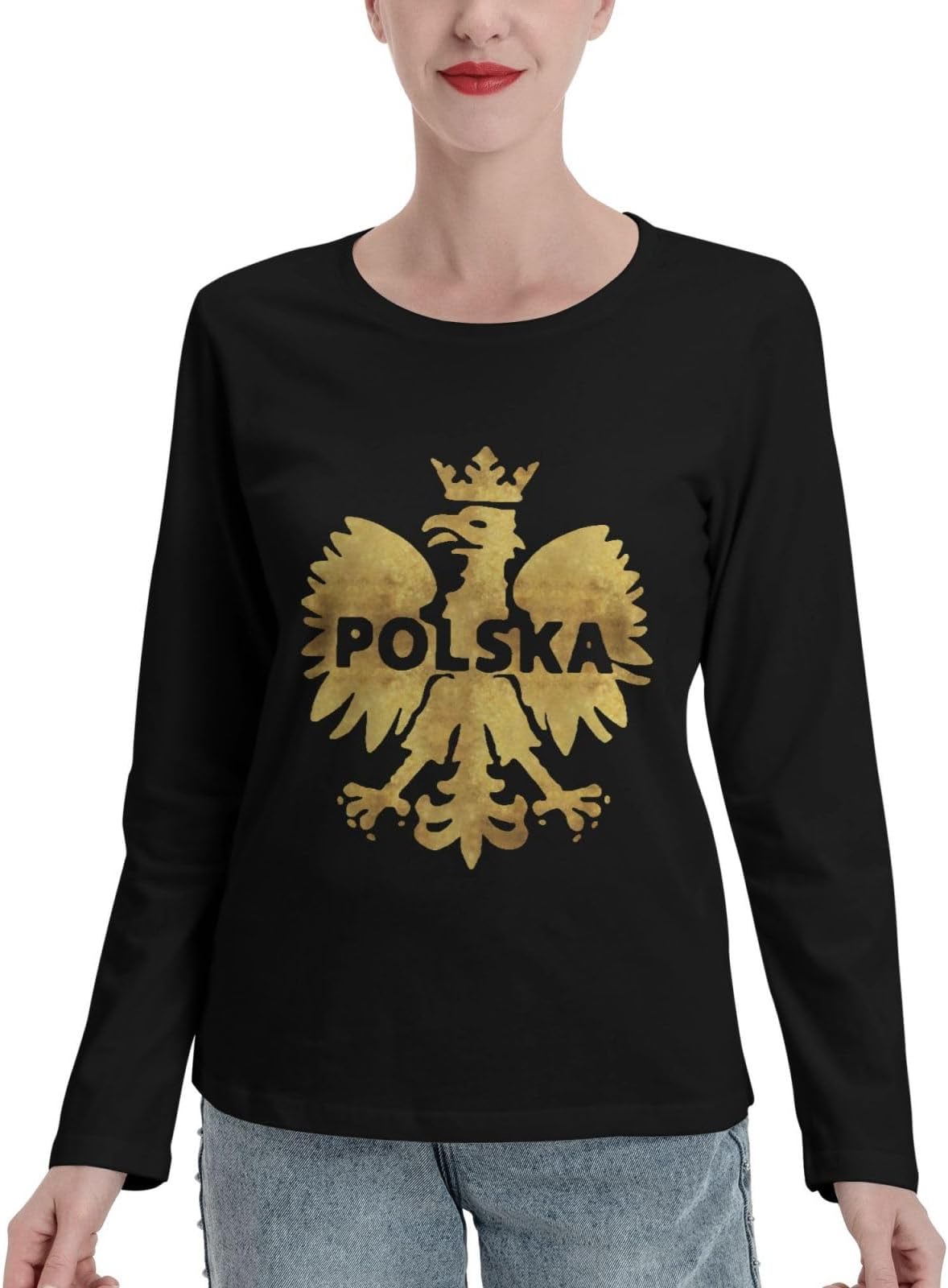Womens Long Sleeve Cotton Crew-Neck T-Shirt Polska-Polish-Poland-Birds Casual Basic Tops Blouse