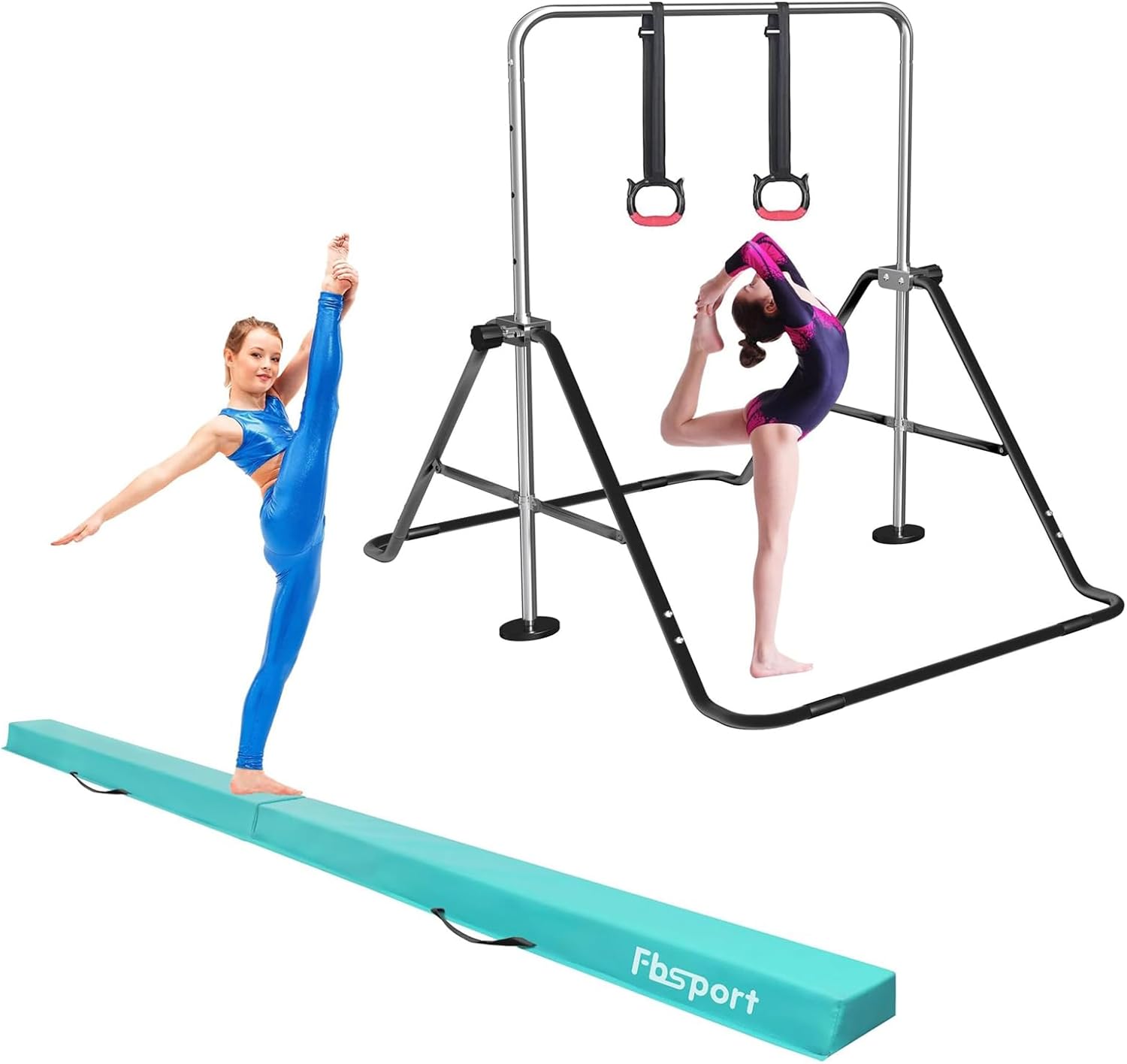 FBSPORT 8FT Folding Floor Beam, Ideal for Home Training and Professional Practice and Gymnastics Bar & Balance Beam Set for Kids, Adjustable Height Horizontal Bar with Rings