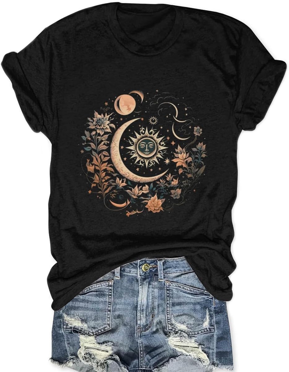 Women Mystic Moon and Sun Flower Shirt Boho Wildflower Celestial Moon Graphic T Shirts Short Sleeve Tops