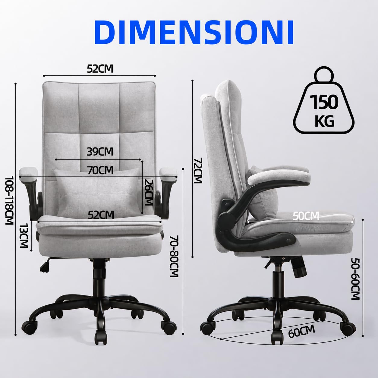 Sedia da ufficio ergonomica, in tessuto traspirante e schienale alto, regolabile in altezza e funzione basculante, 150 kg, sedia girevole con ruote, colore: grigio