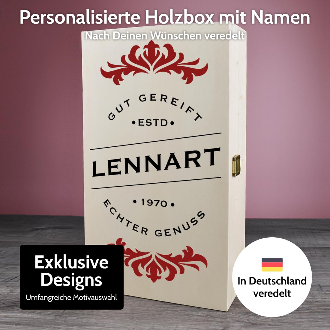 polar-effekt Weingläser 560 ml 2er-Set & Holzkiste mit personalisiertem Druck - Geschenk für Weinliebhaber - Gläser für Rotwein & Weißwein - extra spülmaschinenfest