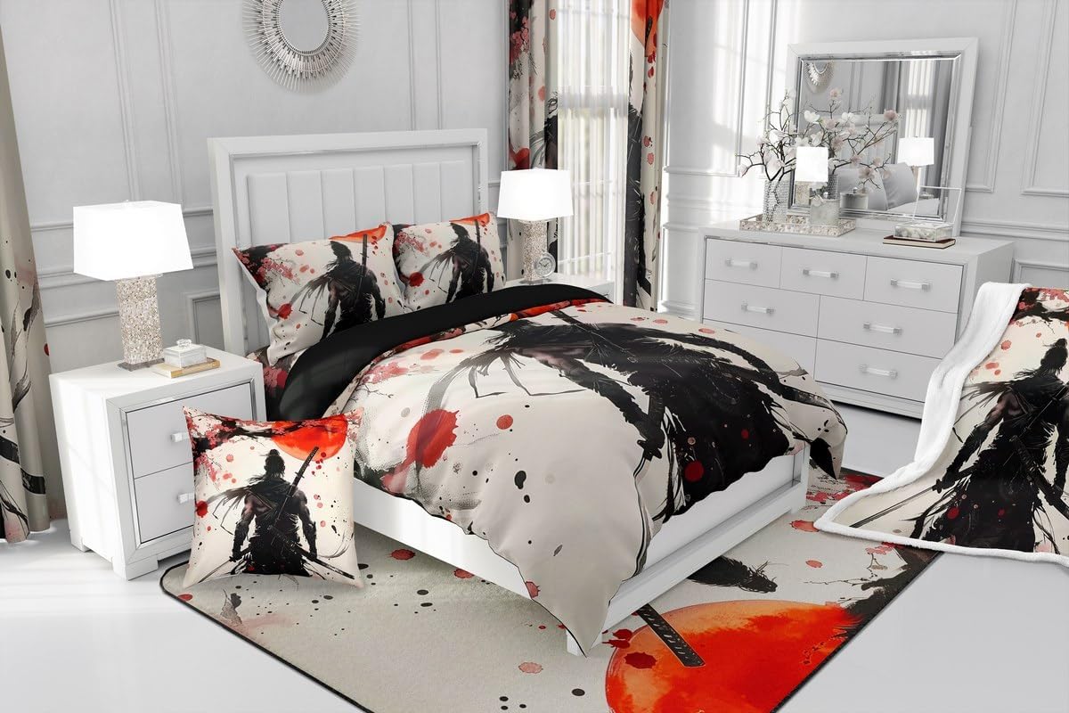 jejeloiu Samurai Bedspread Sunset Bedspread for Kids Boys Girls Fuji Mountain Coverlet Set Cherry Blossom Quilted Bedroom Collection 3Pcs Queen Size