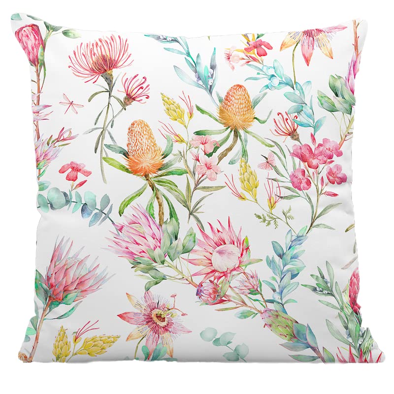 NightComfort 100% Cotton Cushion Cover Luxury Designer Indoor & Outdoor use - Protea Flowers - Ideal For Sofas, Living Room, Bedroom, Rattan Garden Furniture Set, Chairs, Benches (45x45cm)- Pack of 2